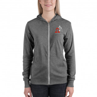 Unisex zip hoodie: The Captain Janeway Statue illuminated by downtown Bloomington, Indiana