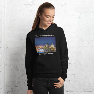 Unisex Hoodie: The Captain Janeway Statue illuminated by downtown Bloomington, Indiana 