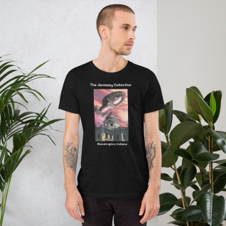 Short-Sleeve Unisex T-Shirt: J.K. Woodward print of the Starship Voyager over the Monroe County courthouse in Bloomington, IN on front