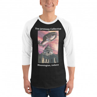 3/4 sleeve raglan shirt featuring the J.K. Woodward print of the Starship Voyager over the Monroe County courthouse in Bloomington, IN.